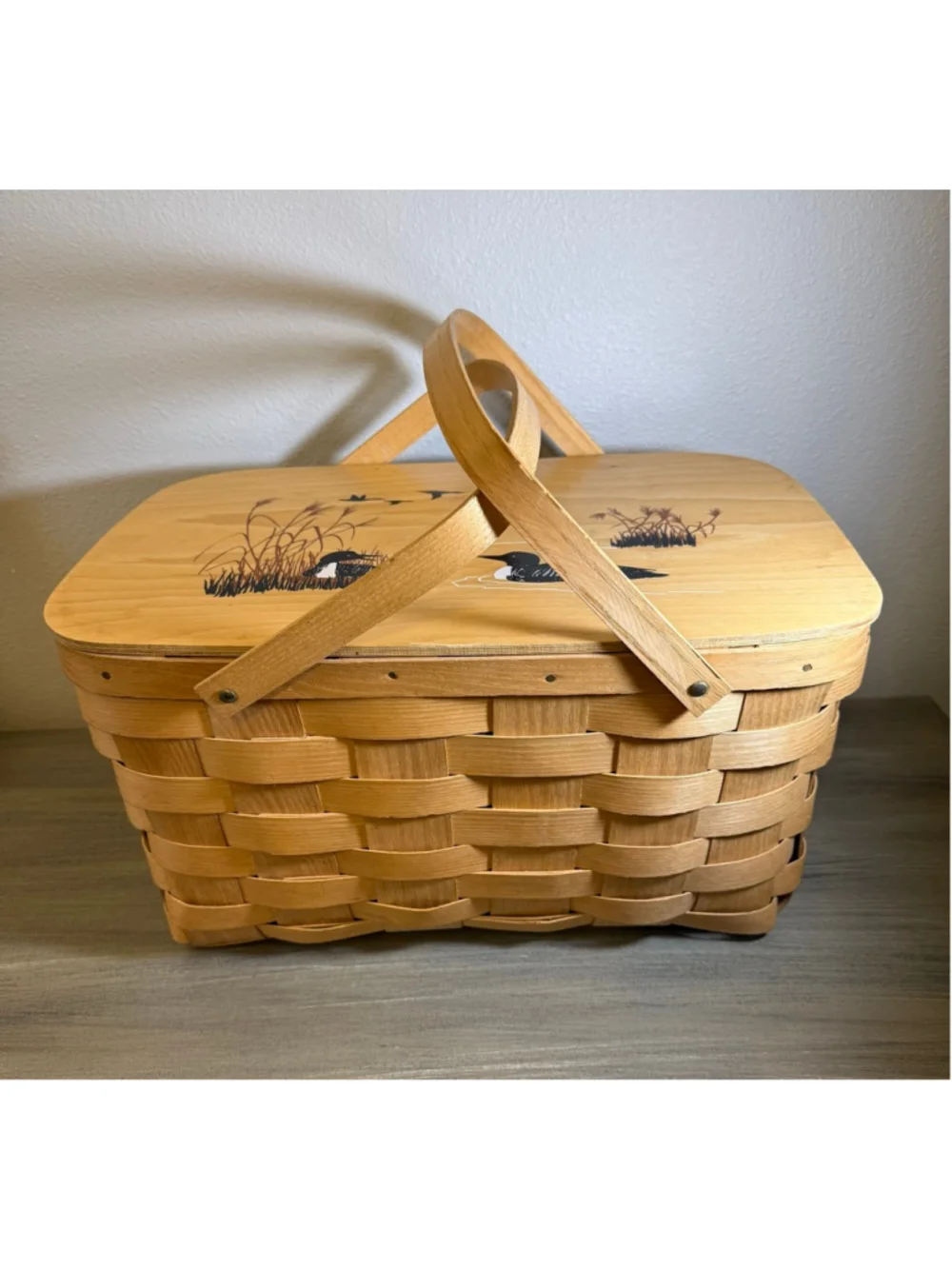 vintage Basketville picnic basket hand-painted loon scene wooden lid cottagecore